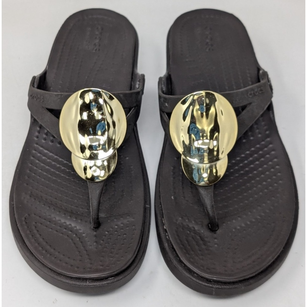 Crocs Women's Size 6 Sanrah Wedge Brown Liquid Metallic Gold Sandals Wedge Shoes